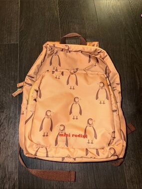 Mini Rodini Peach Penguin Print Backpack